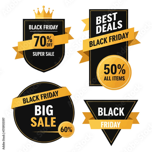 Black Friday sale promotional badges with various discounts and offers for shopping.