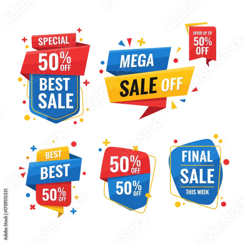Collection of vibrant sale tags and banners featuring discounts like "Special 50% Off Best Sale" and "Mega Sale Off" to promote retail offers.
