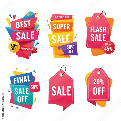 Collection of colorful sale badges and promotional labels for retail and marketing.