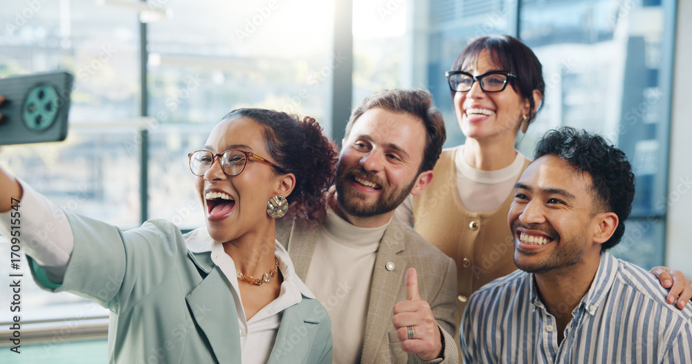 Obraz premium Selfie, thumbs up and business people in office smile for social media, teamwork and about us. Startup, creative agency and men with women with profile picture for company website, update and post