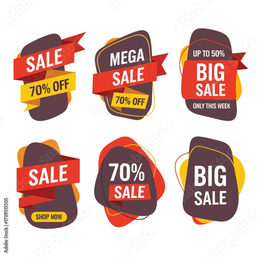 A collection of six modern, colorful sale banners and tags advertising various discounts and promotions.
