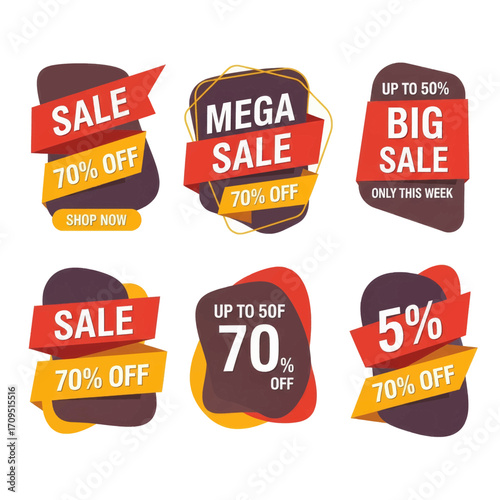 Collection of six colorful sale and discount tags with varying percentages off, perfect for retail promotions and advertising.