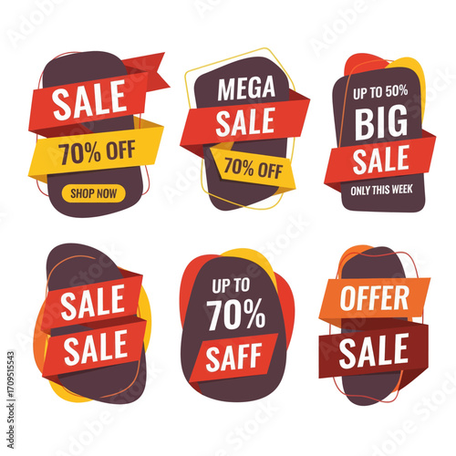 A collection of six modern, colorful sale and discount banners with various shapes and text like 'SALE', 'MEGA SALE', 'BIG SALE', and percentage offers.