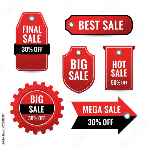 A collection of red sale tags with various discounts and sale types.