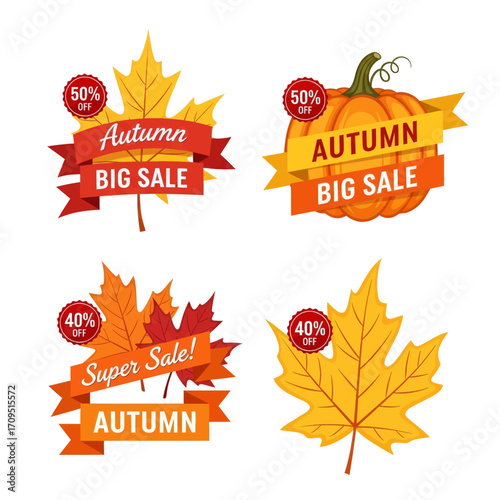 Four autumn sale banners with maple leaves and pumpkins.