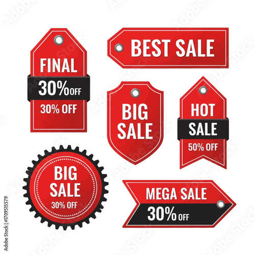 Six red sale tags with various promotions and discounts.