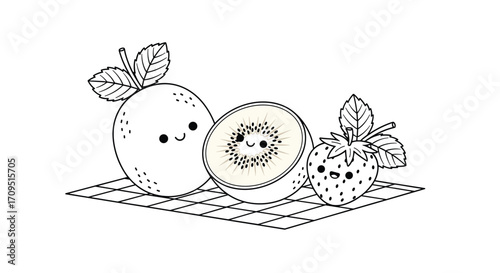 A cute orange kiwi and strawberry illustration with happy faces on a checkered surface.