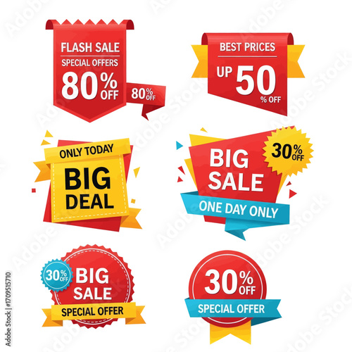 Collection of colorful sale banners with various offers and discounts.