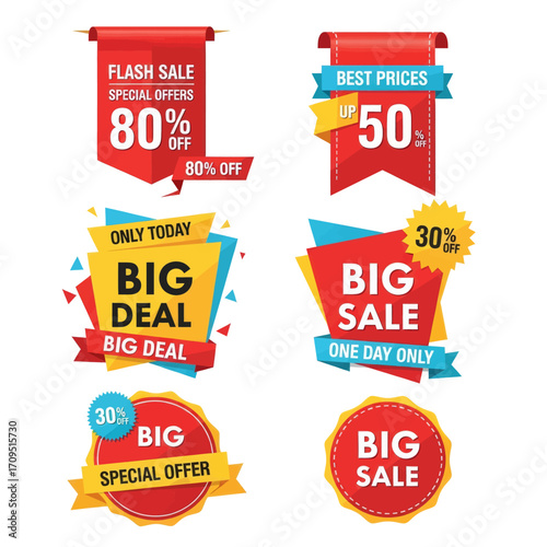 A collection of six colorful sale and discount tags, featuring various offers like 'Flash Sale 80% Off', 'Big Deal', and 'Big Sale 30% Off'.