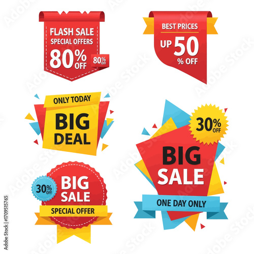 Collection of colorful sale banners and labels with various discount offers.