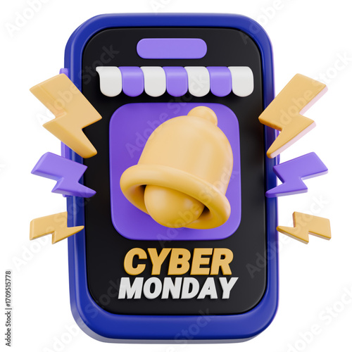 Cyber Monday sale announcement with a shopping app interface, featuring a bell icon and lightning bolts, perfect for online deals and discounts