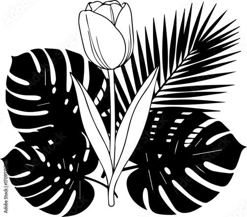 Elegant tulip blooms amidst lush tropical foliage, a timeless botanical design for sophisticated decor