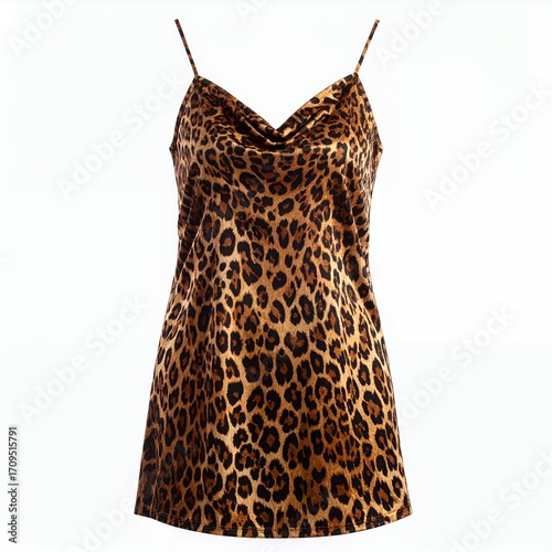 Elegant leopard print slip dress on a clean white background creating a captivating visual