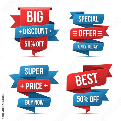 A collection of four red and blue promotional sale banners and tags advertising discounts and special offers.
