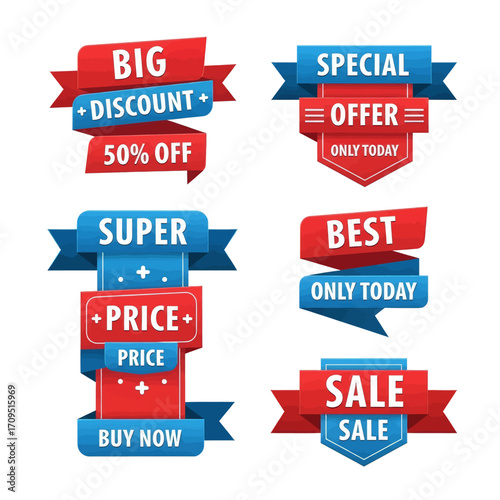 Collection of colorful sale and discount ribbon banners with various promotional text.
