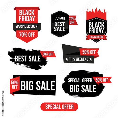Black Friday sale badges and labels with various discounts and offers.