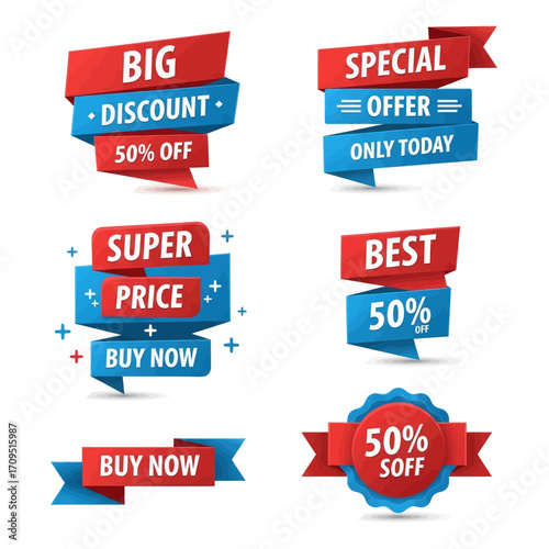 Collection of red and blue sale banners with various offers and discounts.