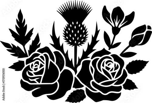 Elegant floral arrangement featuring roses and thistle in bold black silhouette design