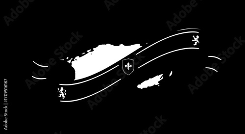 Elegant heraldic crest with stylized map elements and decorative ribbons, conveying heritage and prestige.