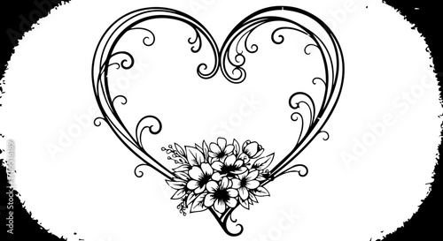 Elegant heart frame with delicate floral bouquet, perfect for wedding invitations and romantic designs