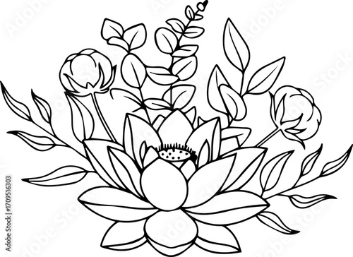 Elegant hand-drawn floral bouquet featuring lotus and eucalyptus, perfect for serene branding and natural designs