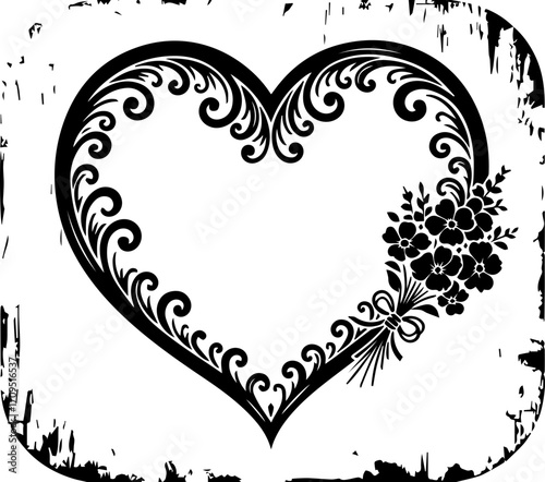 Elegant heart frame with delicate floral bouquet and distressed border, perfect for romantic designs