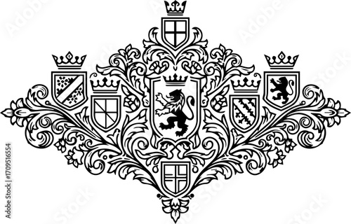Elegant heraldic crest design with lion and shields, symbolizing heritage and prestige
