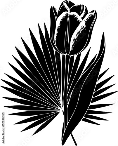 Elegant black and white tulip and palm frond floral arrangement for sophisticated design projects