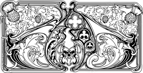 Elegant Art Nouveau floral scroll with gothic skull and Scottish thistle motifs