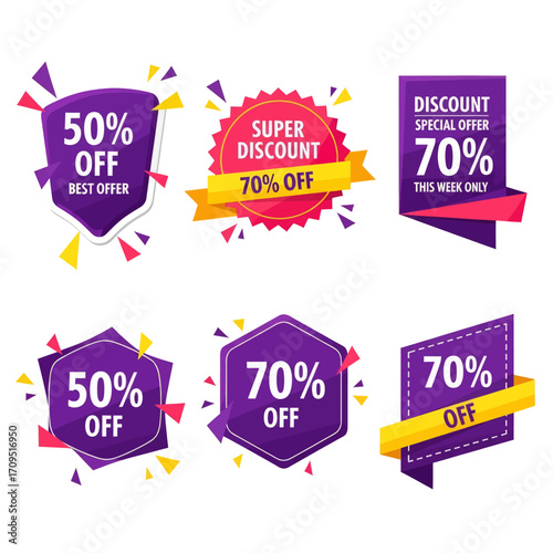 A collection of colorful sales discount badges and labels offering 50% and 70% off.