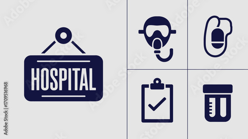 A collage of medical icons including a hospital sign, mask, blood pressure cuff, clipboard and sample cup