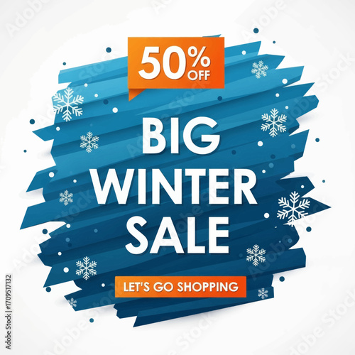 A vibrant graphic advertising a big winter sale with 50% off, featuring snowflakes and a call to action to go shopping.