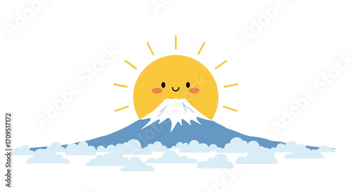 A cheerful sun rises over a snow-capped mountain surrounded by clouds.