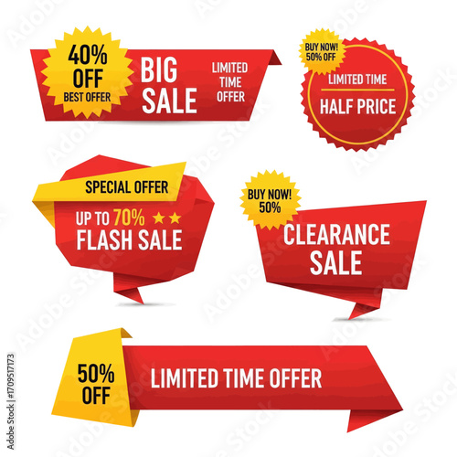 Collection of various red and yellow sale promotion labels with different discount percentages.