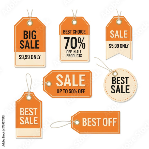 Collection of orange sale tags with different discounts and offers.