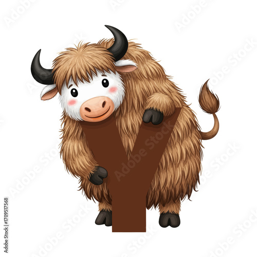 Cute cartoon yak with fluffy brown fur and small horns, smiling and standing next to a large brown letter Y, on a white background.