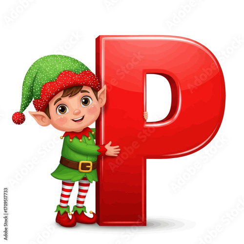 A cute cartoon elf wearing a green hat and outfit, peeking out from behind a large red letter P.