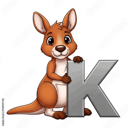 A cute cartoon baby kangaroo, brown with large ears, stands smiling next to a big gray letter K, on a white background.