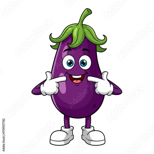 A cartoon eggplant character with a smiling face and arms pointing to its cheeks, wearing white shoes.