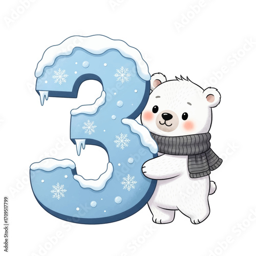 Cute illustration of a polar bear wearing a scarf, holding a number three covered in snow.