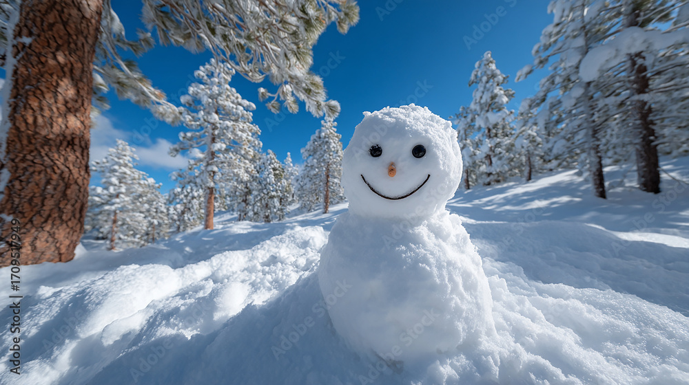 Obraz premium A smiling snowman standing in a snowy forest under a clear blue sky creating a cheerful and serene winter landscape perfect for holiday and seasonal celebration themes