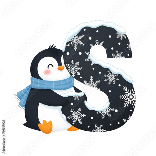 Cute cartoon penguin in a blue scarf hugging a snowy, snowflake-patterned letter S illustration on a white background.