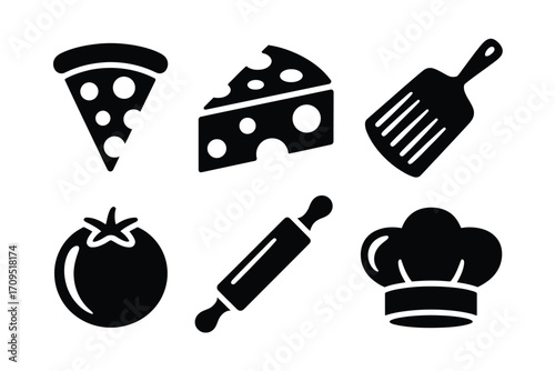 A collection of black and white icons featuring pizza slice, cheese, spatula, tomato, rolling pin, and chef hat