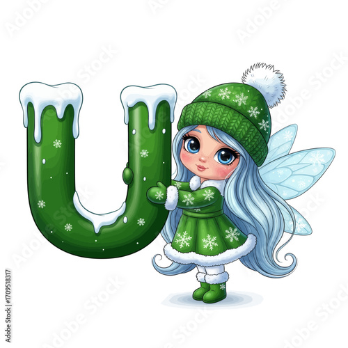 A cute winter fairy wearing a green hat and coat, holding the letter U decorated with snow and snowflakes.