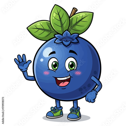 A cheerful cartoon blueberry character with a smiling face, green leaves, and sneakers, waving its hand happily.