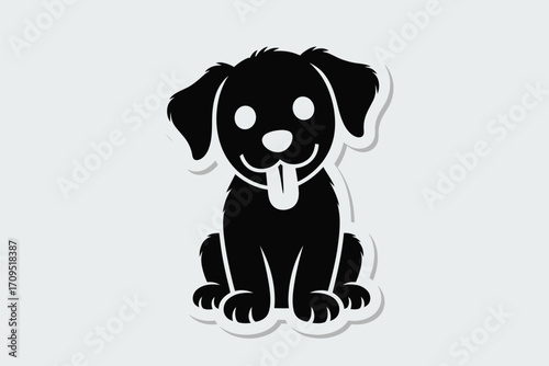 Illustration of a sitting black puppy with a white outline and tongue sticking out on a gray background