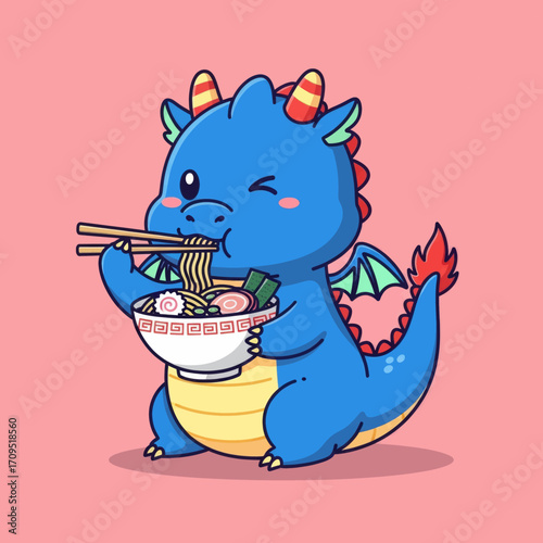 A cute blue cartoon dragon with red horns and wings happily eating a bowl of ramen noodles with chopsticks.