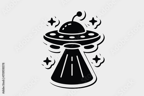 A stylized black and white illustration of a ufo with a beam and stars on a light gray background