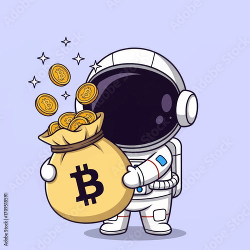 Astronaut holding a large bag of bitcoins.