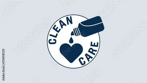 Illustration of a bottle pouring a drop into a heart inside a circle with clean care text around it